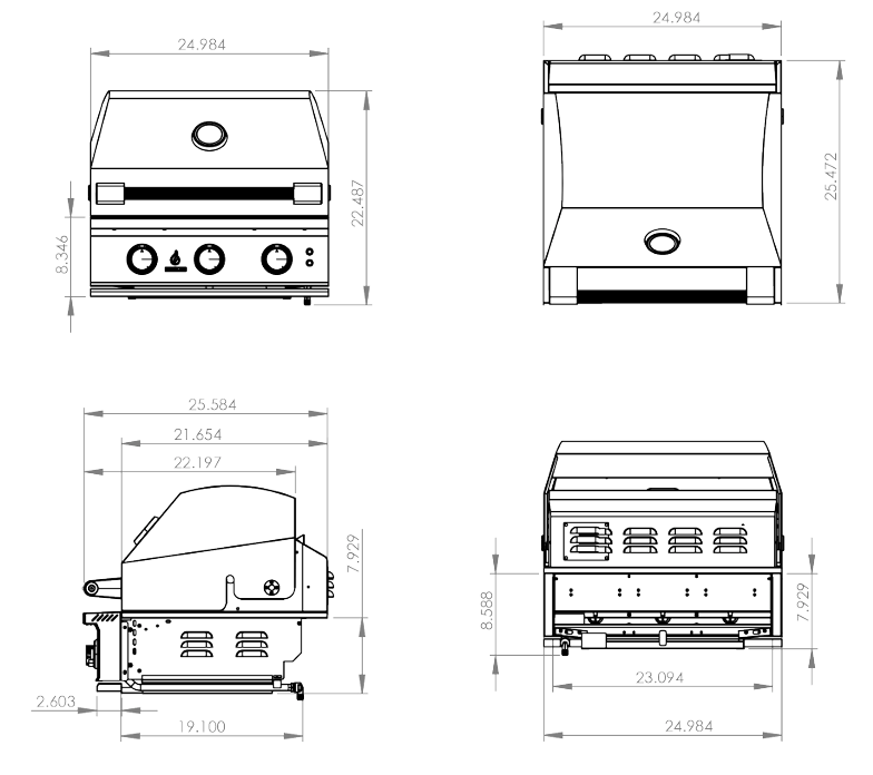 TrueFlame 25-Inch Built-In Gas Grill with Backlit LED Front Panel, Multi-Position Hood, Natural Gas or Liquid Propane