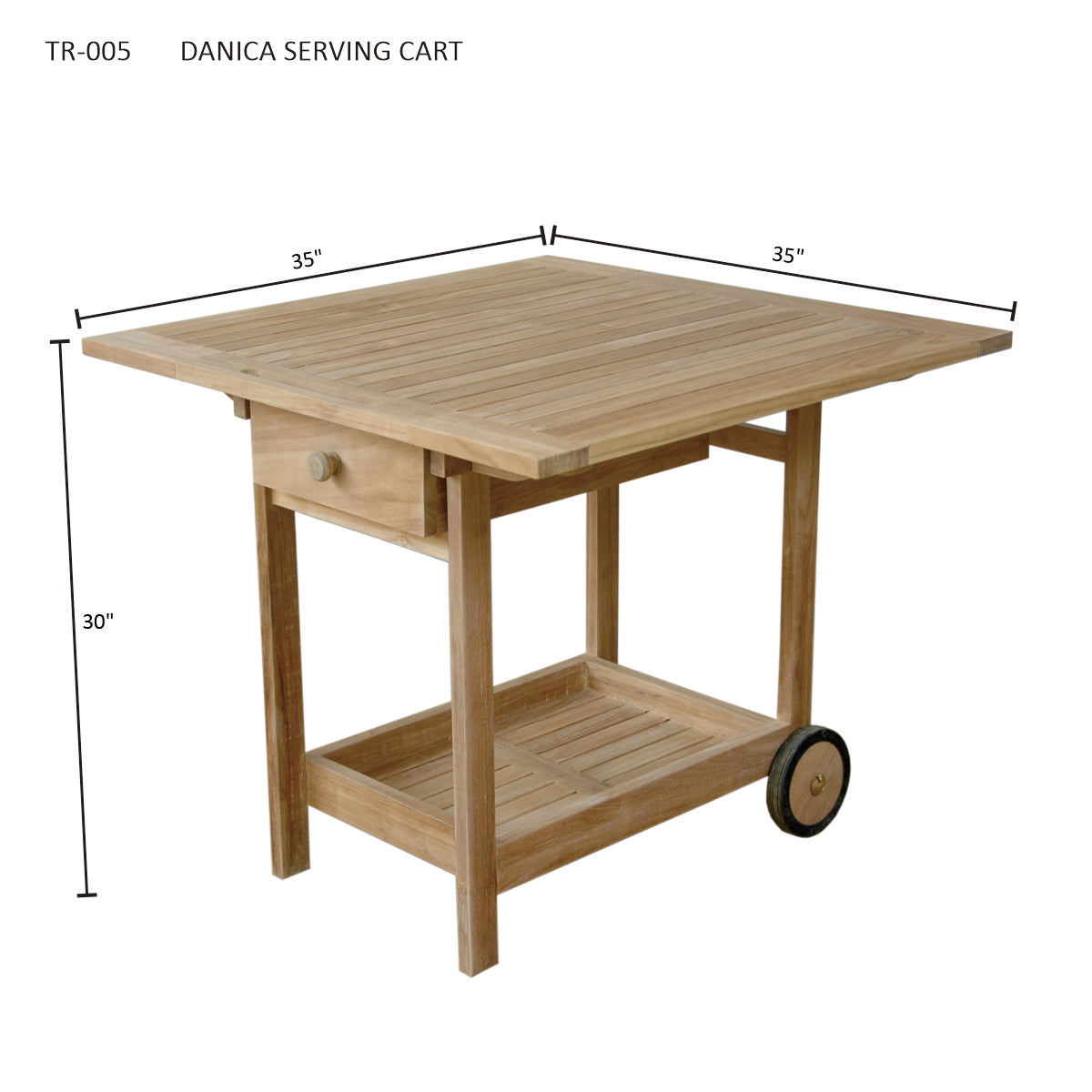 Wooden serving cart with dimensions on a white background