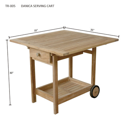 Wooden serving cart with dimensions on a white background