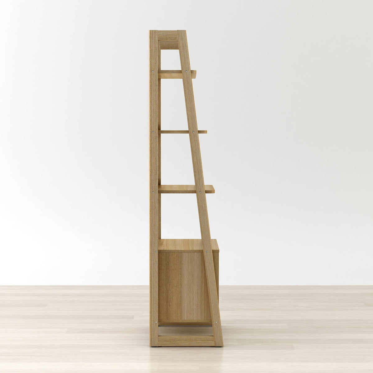 Wooden bookshelf with a minimalist design on a white background
