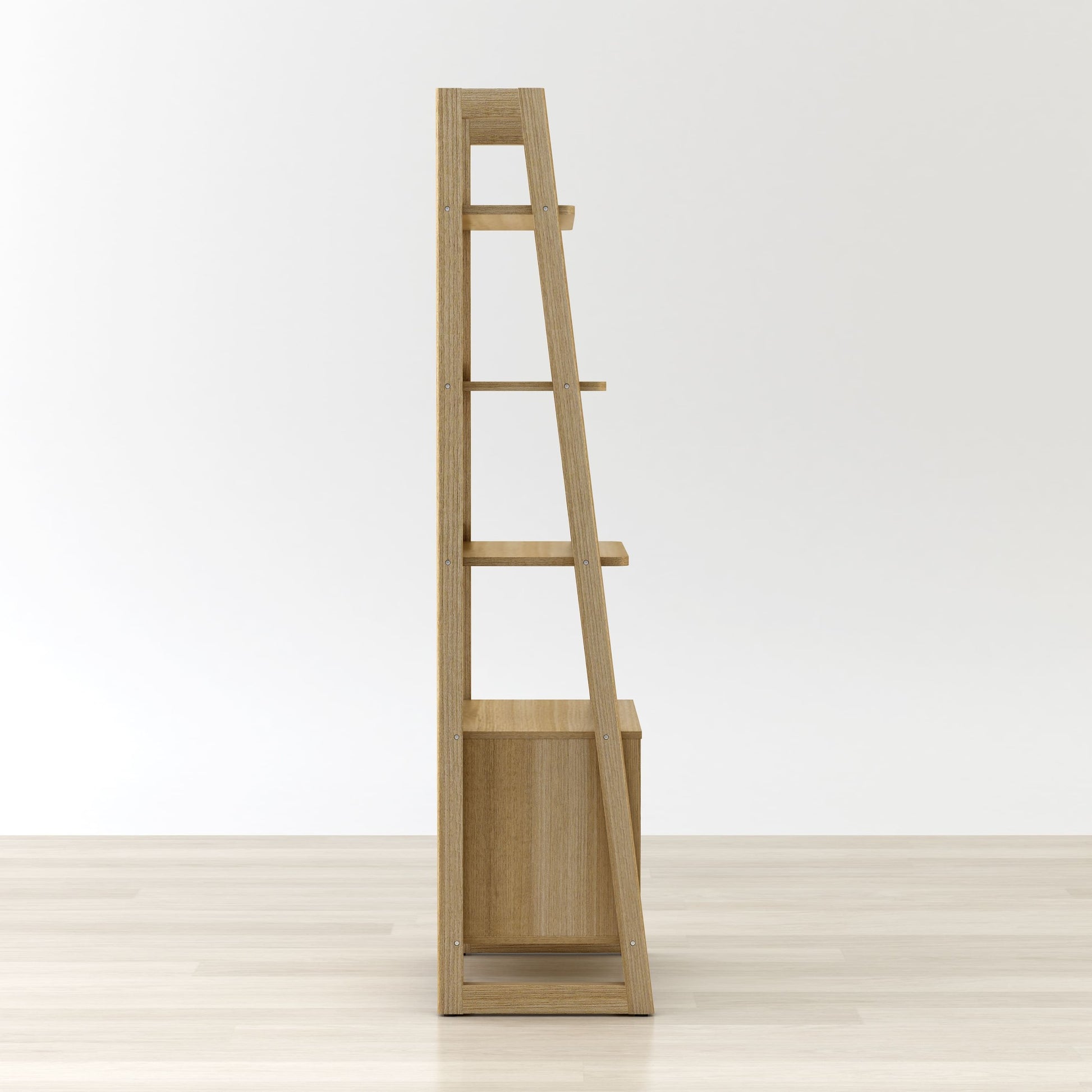 Wooden bookshelf with a minimalist design on a white background