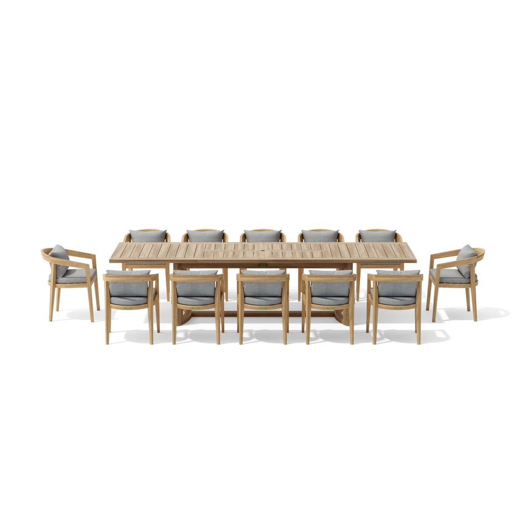 Wooden outdoor dining table with chairs on a white background