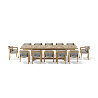 Wooden outdoor dining table with chairs on a white background