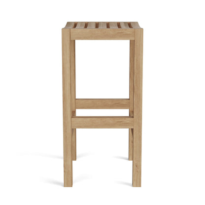 Wooden stool with slatted seat on a white background