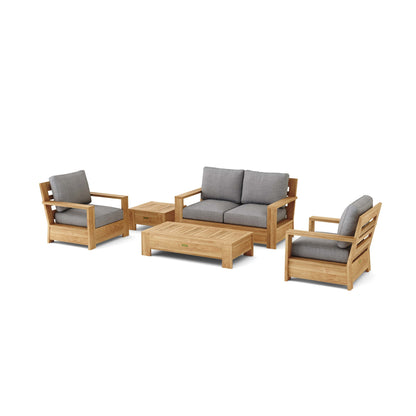 Wooden outdoor furniture set with gray cushions on a white background