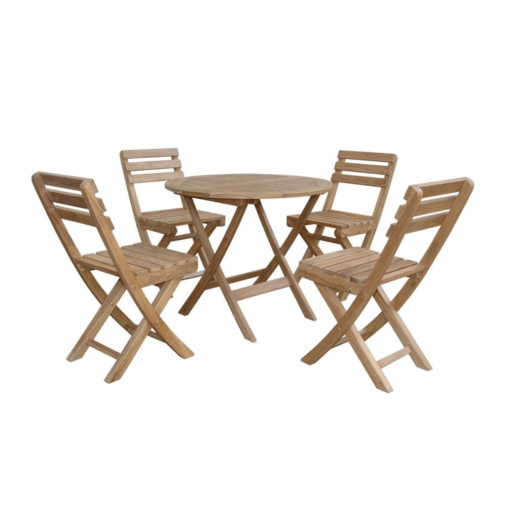Wooden outdoor table with four matching chairs on a white background