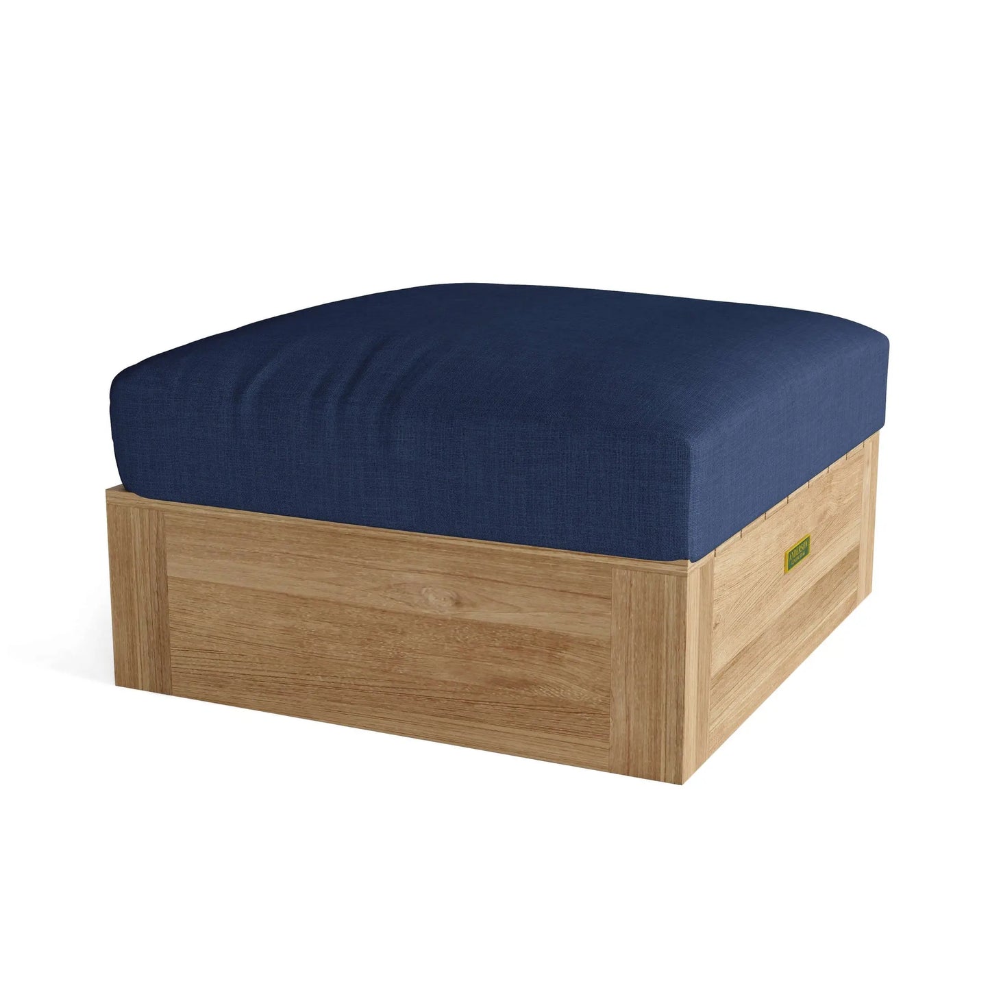 Wooden ottoman with a navy cushion on a white background