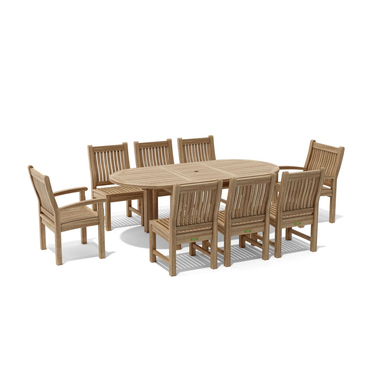 Wooden outdoor dining set with a round table and six chairs on a white background