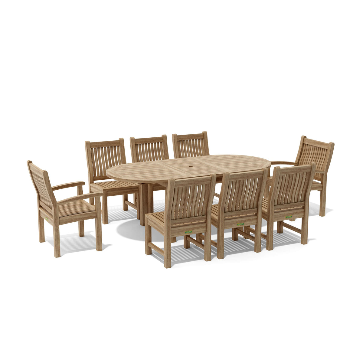 Wooden outdoor dining set with a round table and six chairs on a white background