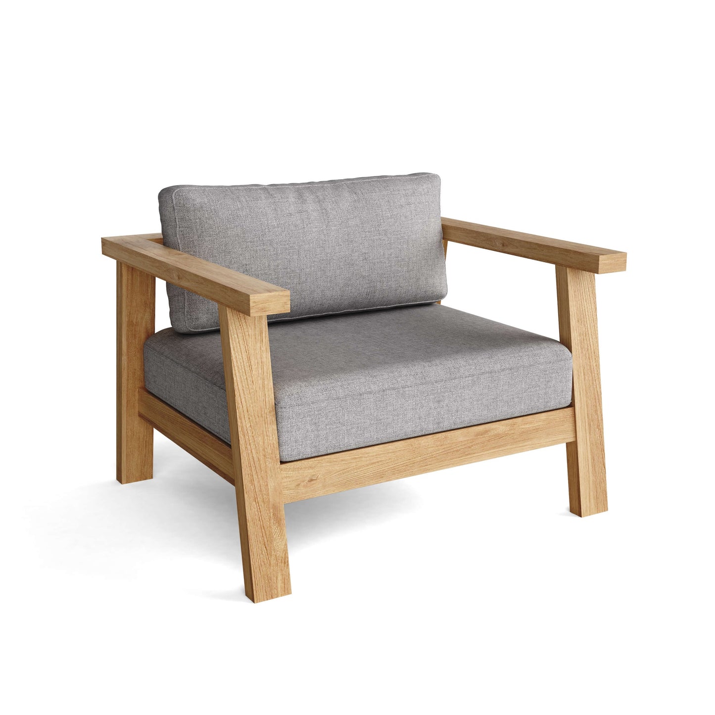 Wooden armchair with gray cushions on a white background