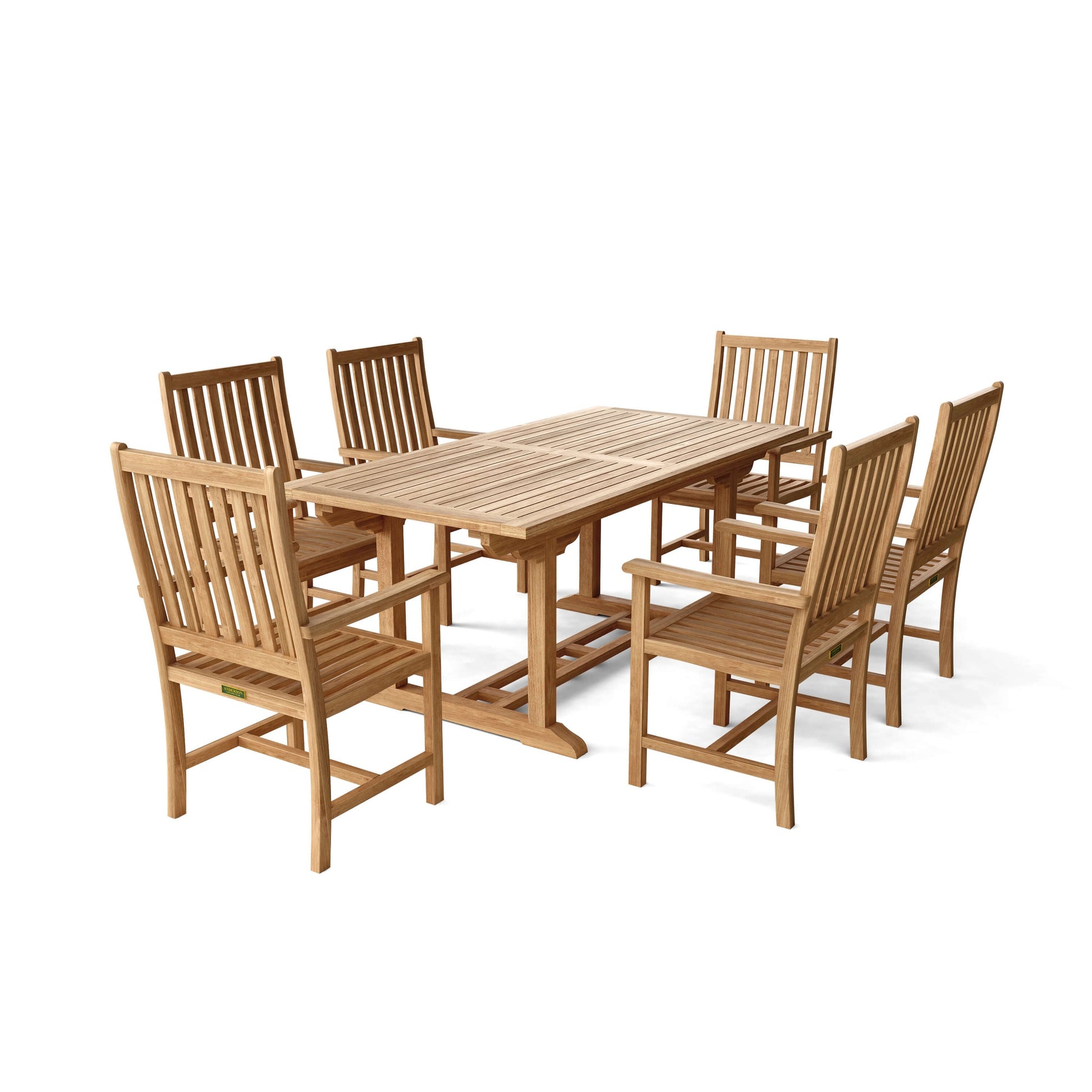 Wooden dining table with six matching chairs on a white background