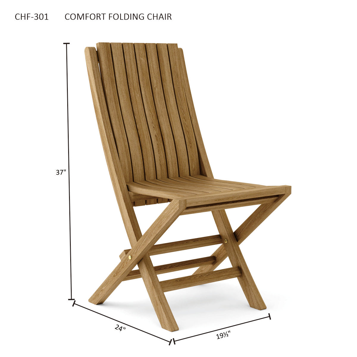 Wooden folding chair with dimensions on a white background