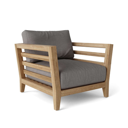 Wooden armchair with gray cushions on a white background