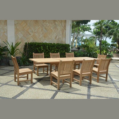 Wooden outdoor dining set with chairs on a patio