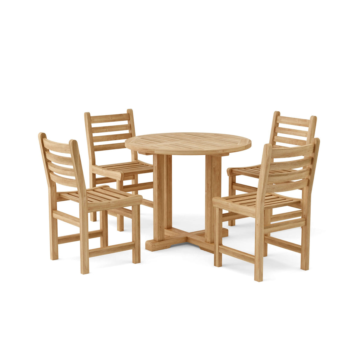 Wooden dining set with round table and four chairs on a white background