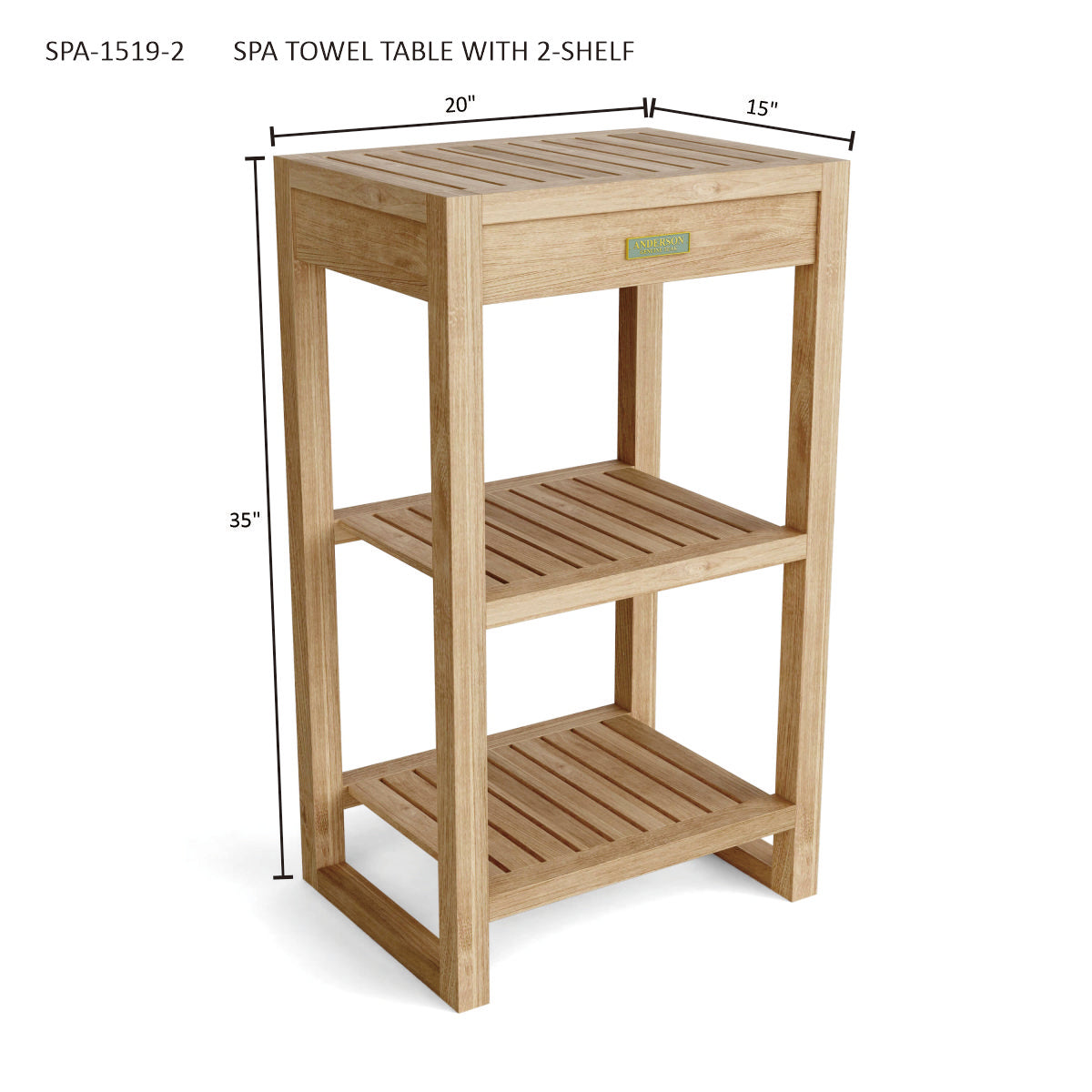 Wooden spa towel table with two shelves and dimensions on a white background