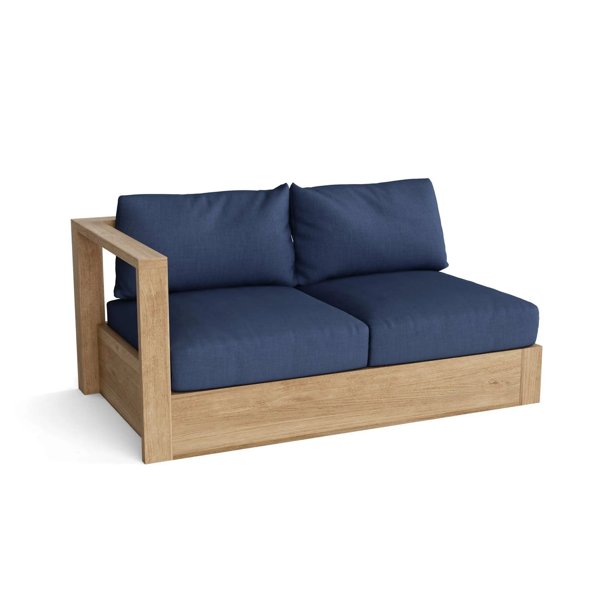 Wooden sofa with blue cushions on a white background
