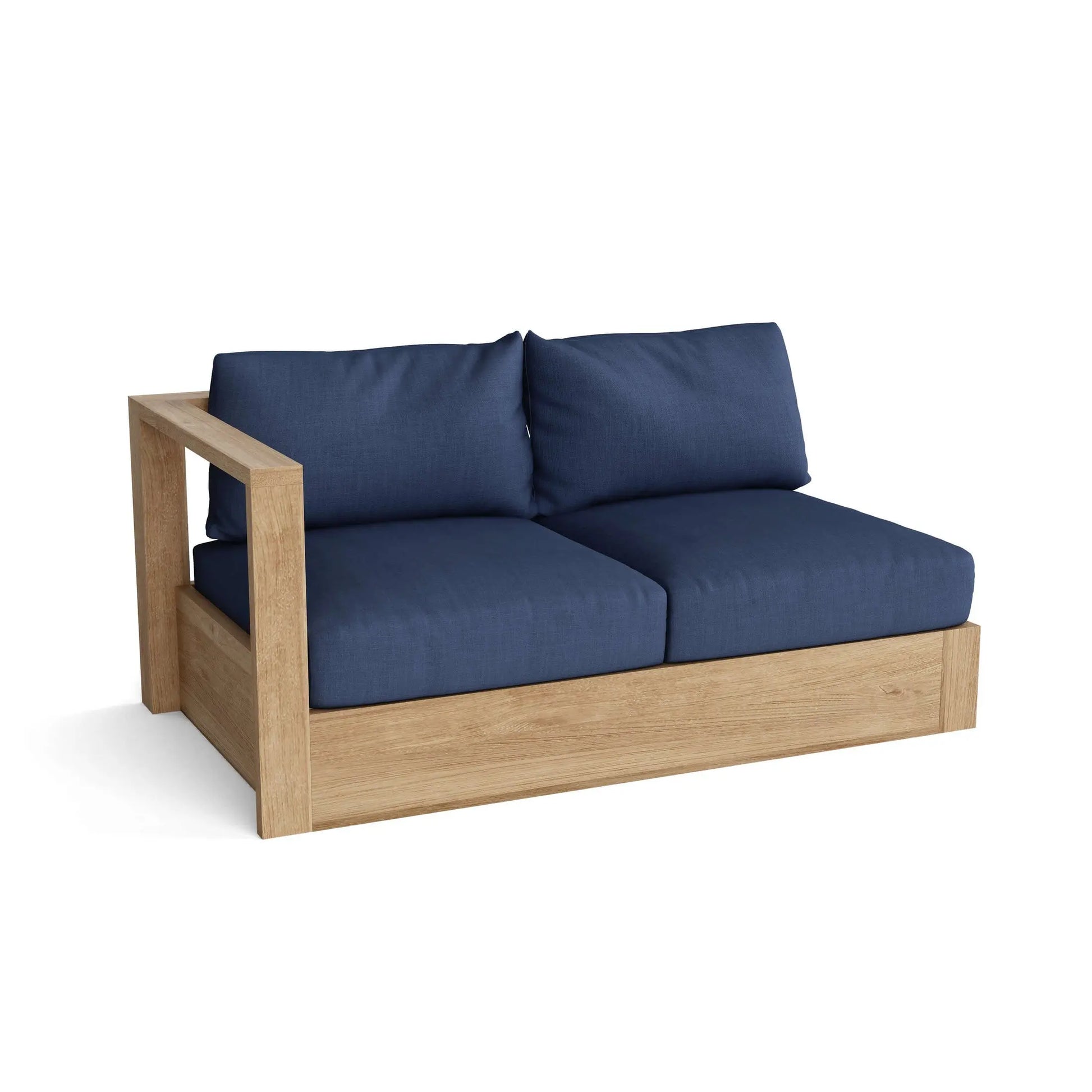 Wooden sofa with blue cushions on a white background