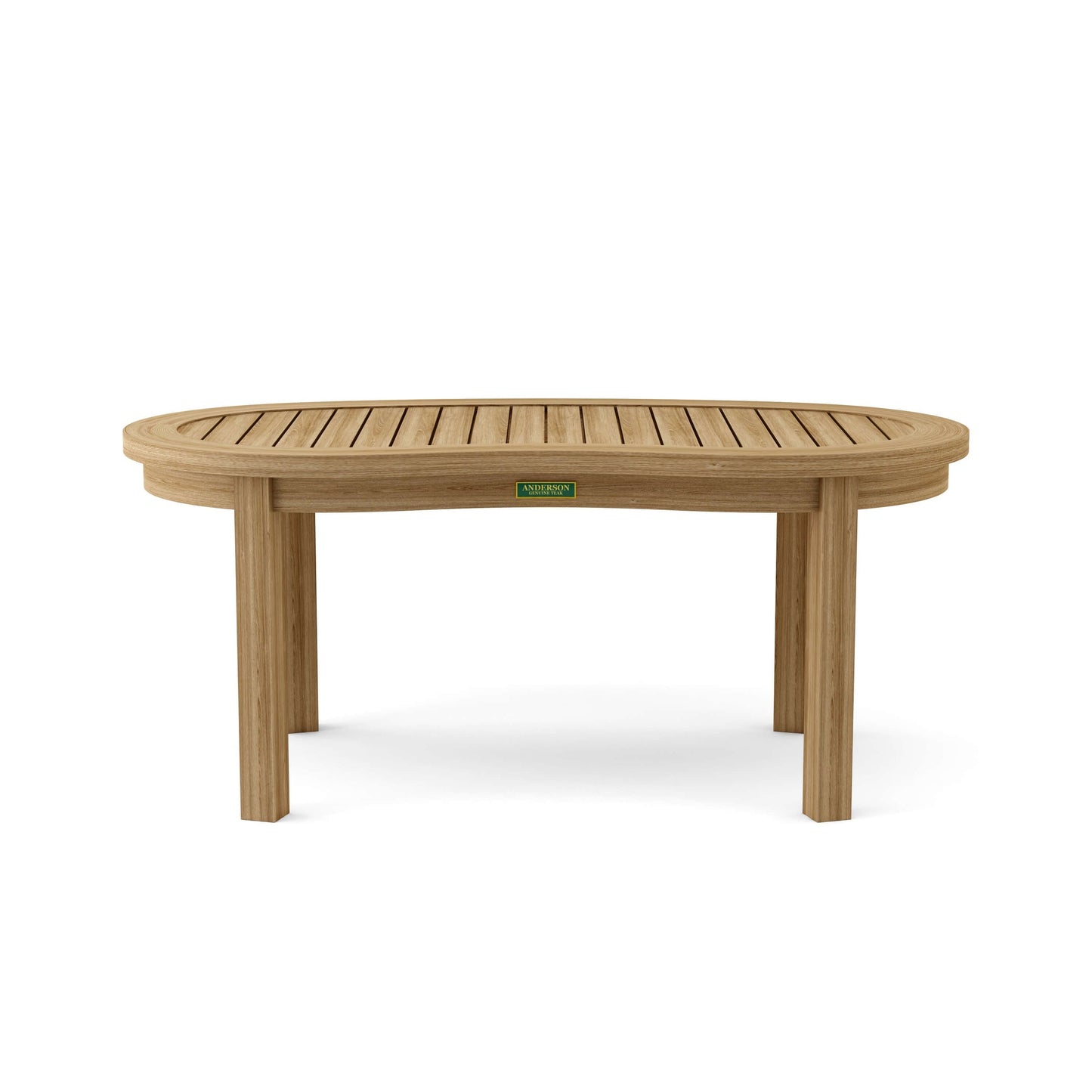 Wooden outdoor table with a visible brand logo on a white background