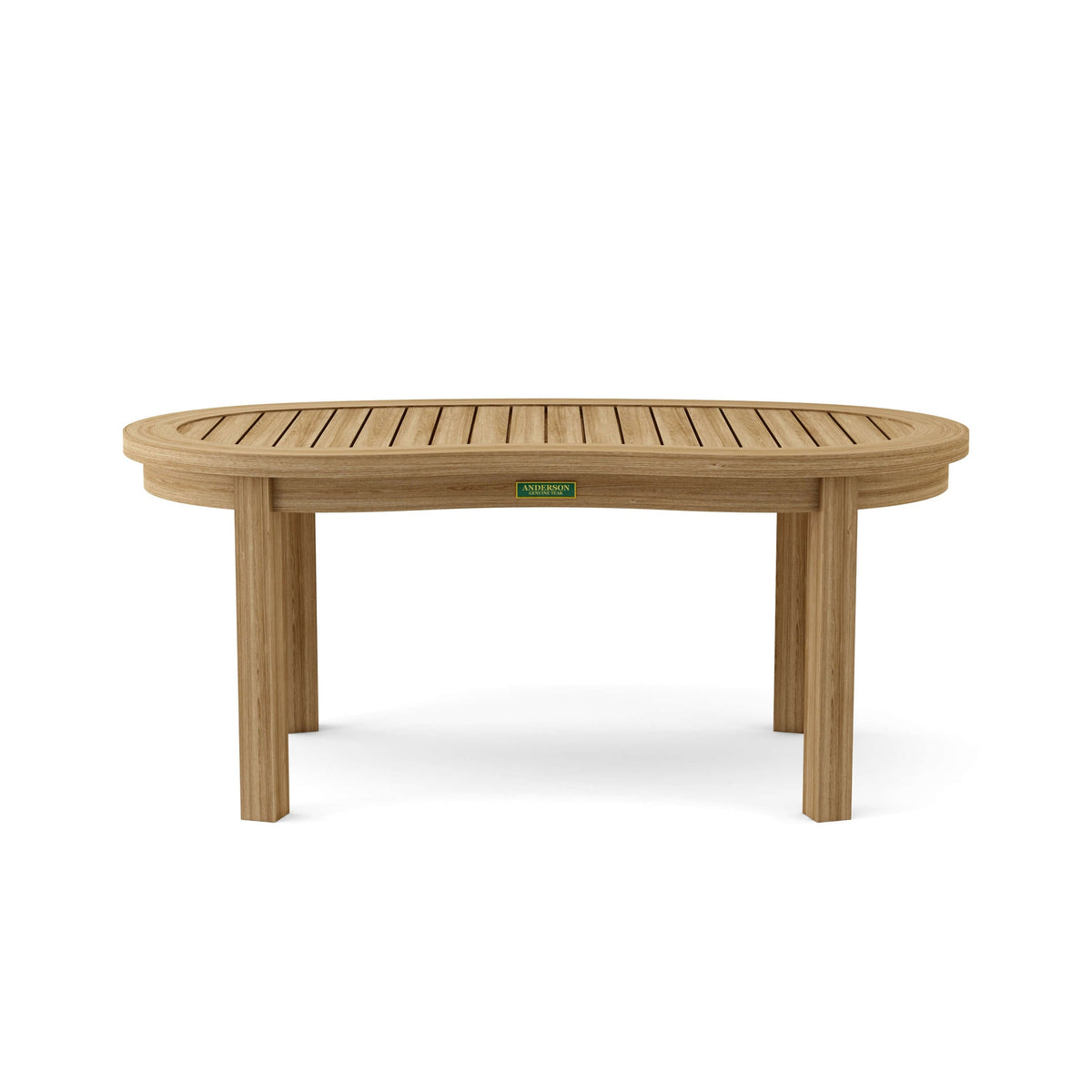 Wooden outdoor table with a visible brand logo on a white background