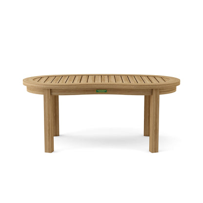 Wooden outdoor table with a visible brand logo on a white background