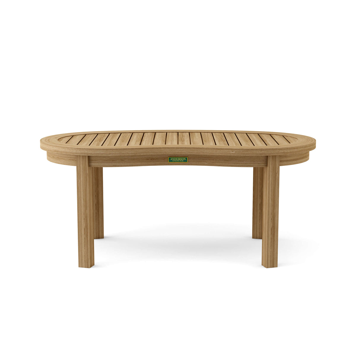 Wooden outdoor table with a visible brand logo on a white background