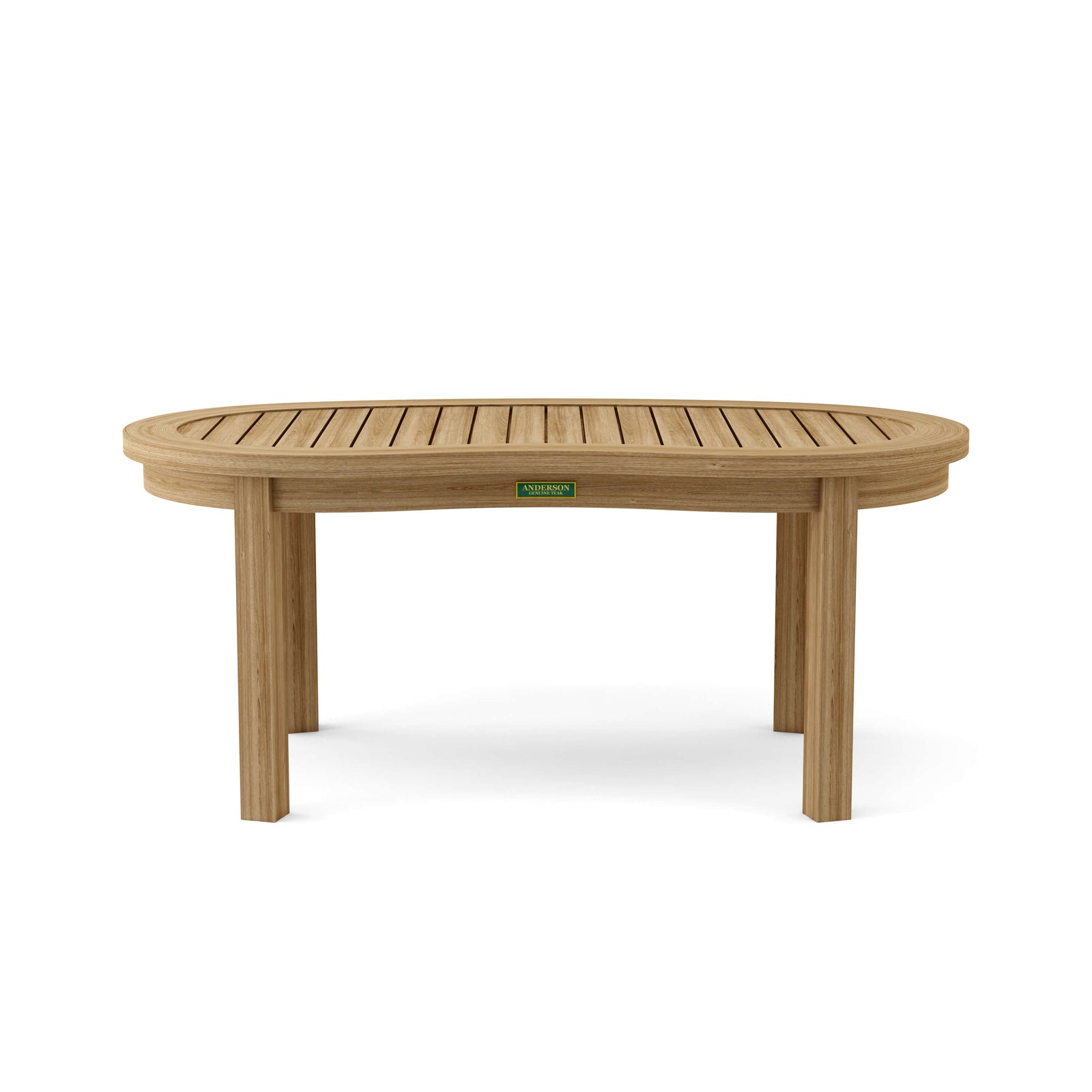 Wooden outdoor table with a visible brand logo on a white background