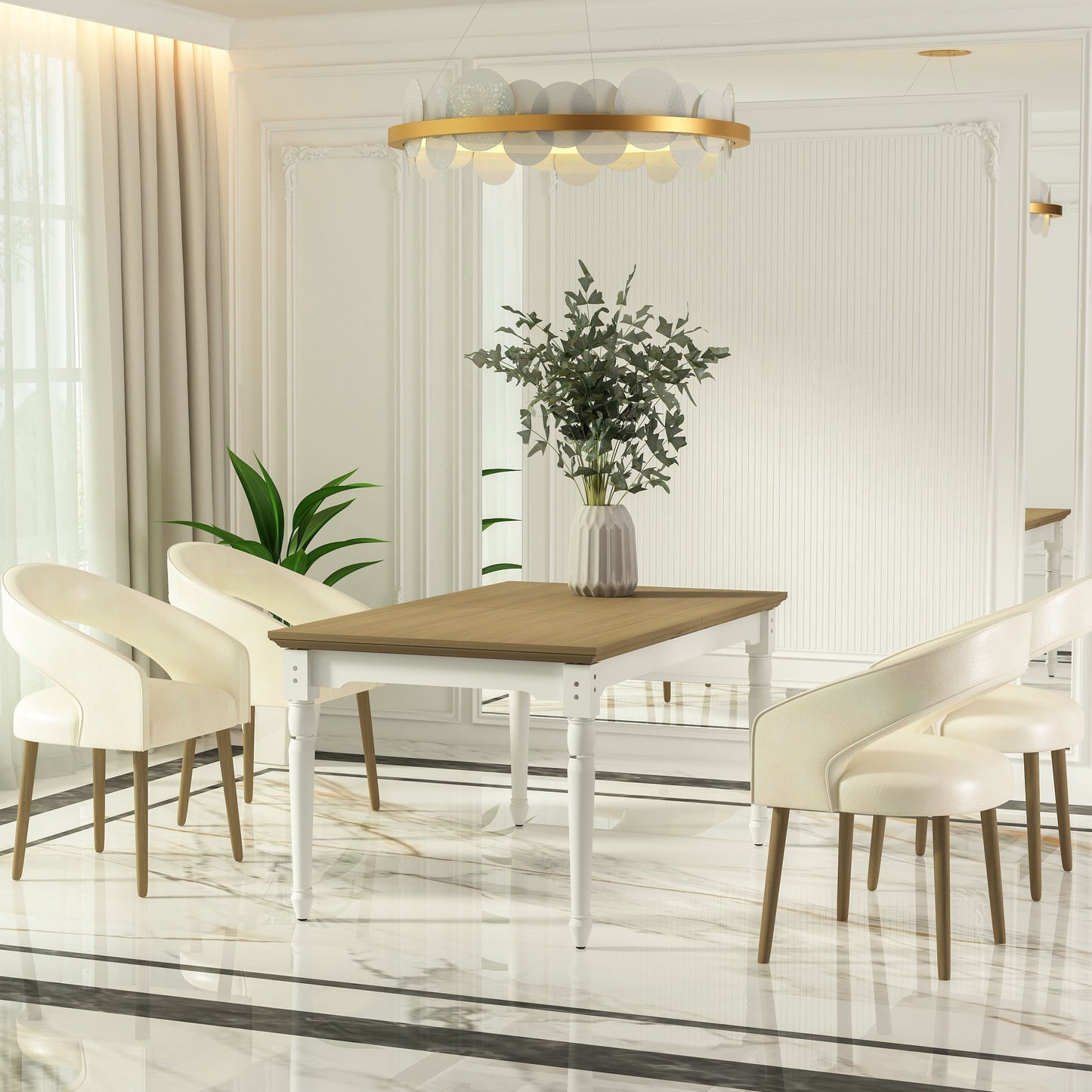Dining room with a wooden table and white chairs in a modern interior setting.