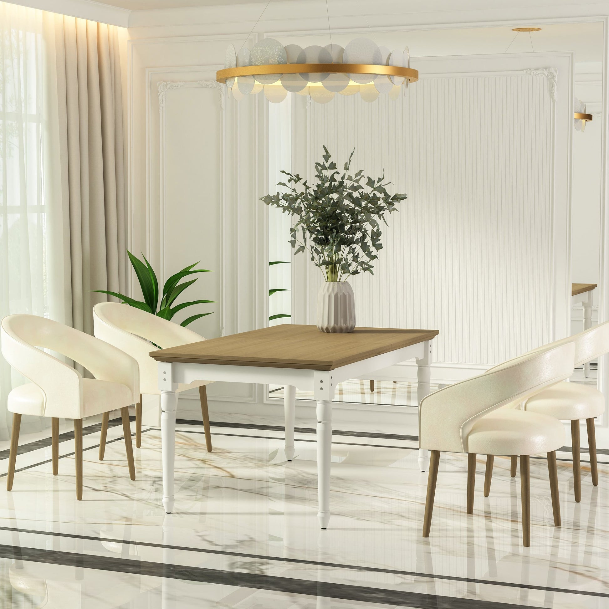 Dining room with a wooden table and white chairs in a modern interior setting.