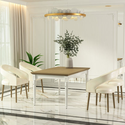 Dining room with a wooden table and white chairs in a modern interior setting.