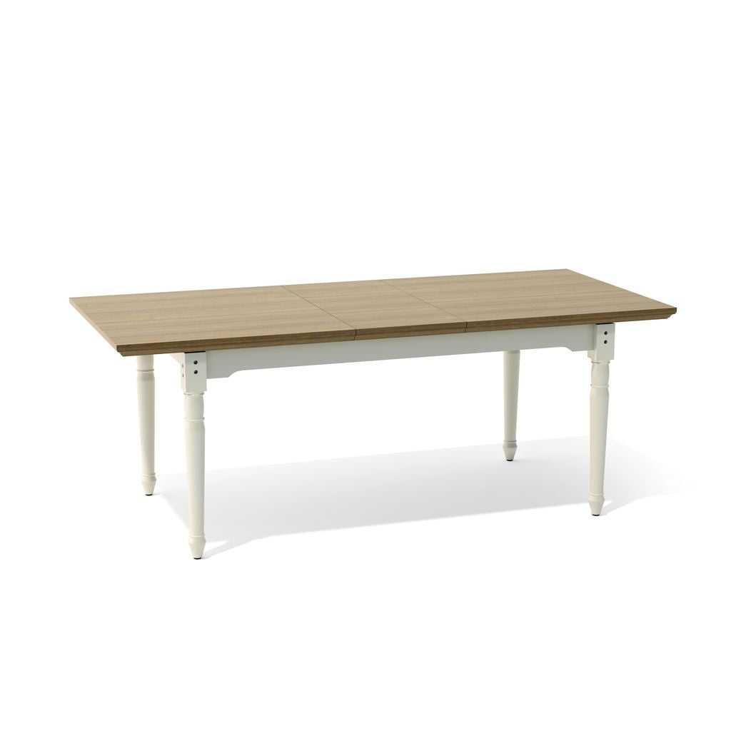 Rectangular table with wooden top and white legs on a white background