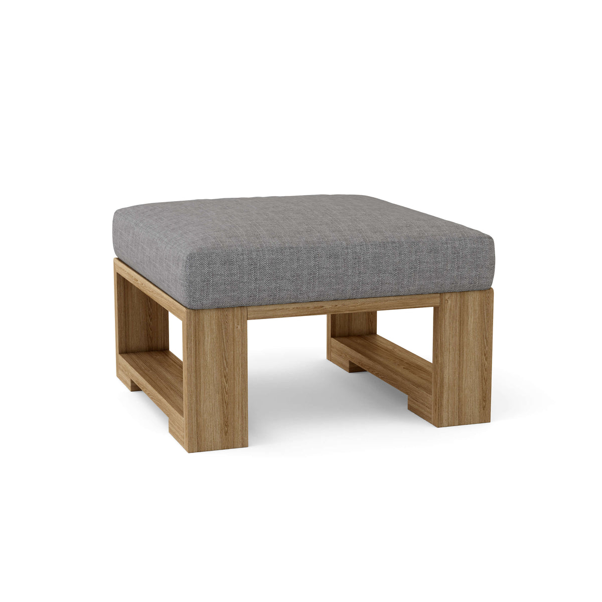 Square ottoman with a gray cushion and wooden frame on a white background