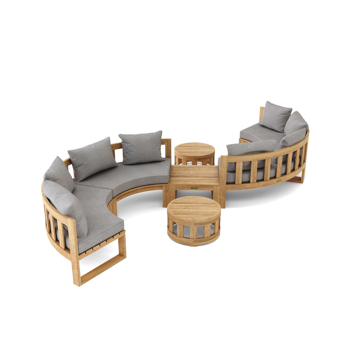 Outdoor furniture set with wooden frames and gray cushions on a white background