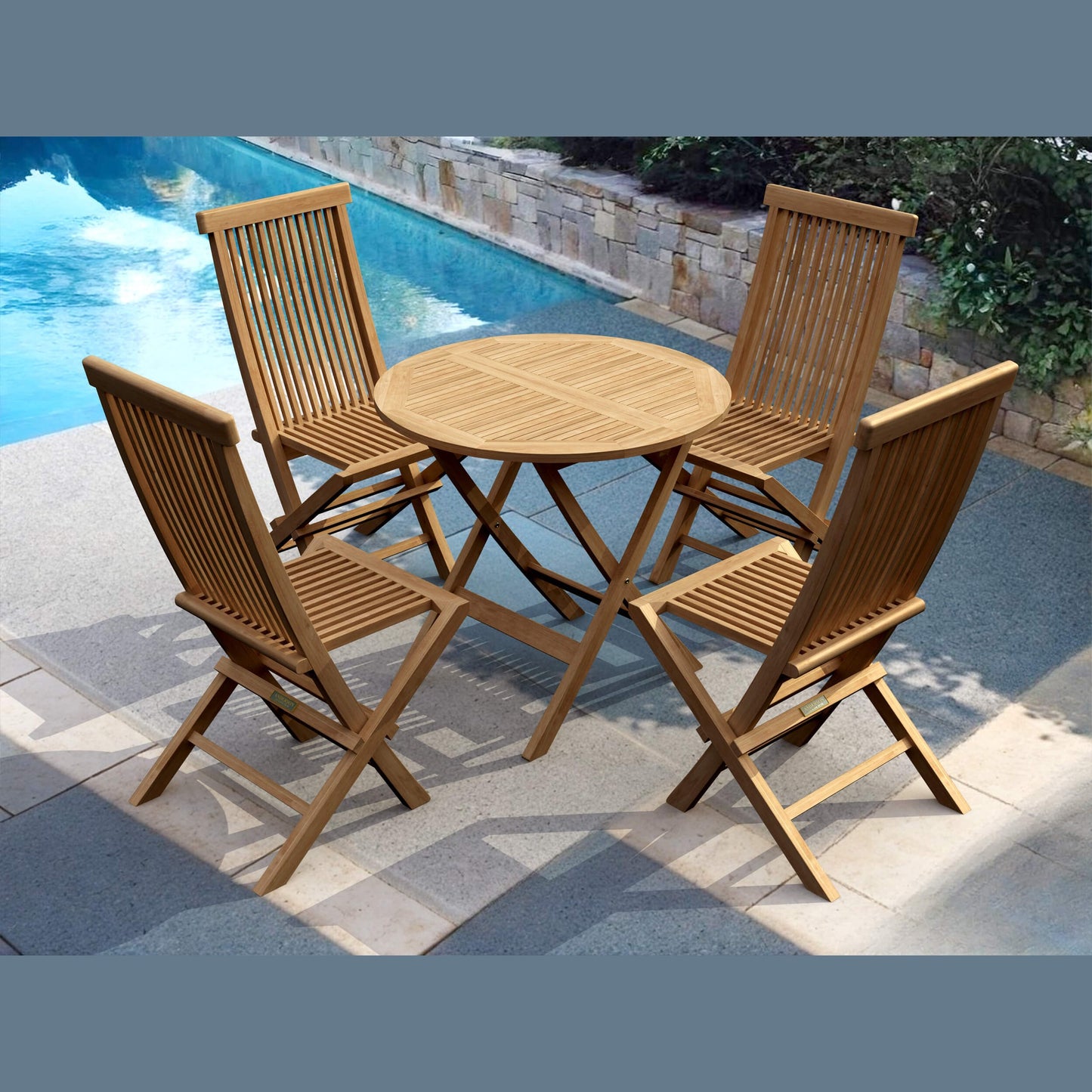 Wooden outdoor table with four matching chairs by a poolside.