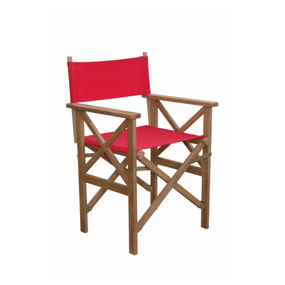 Wooden director's chair with red fabric on a white background