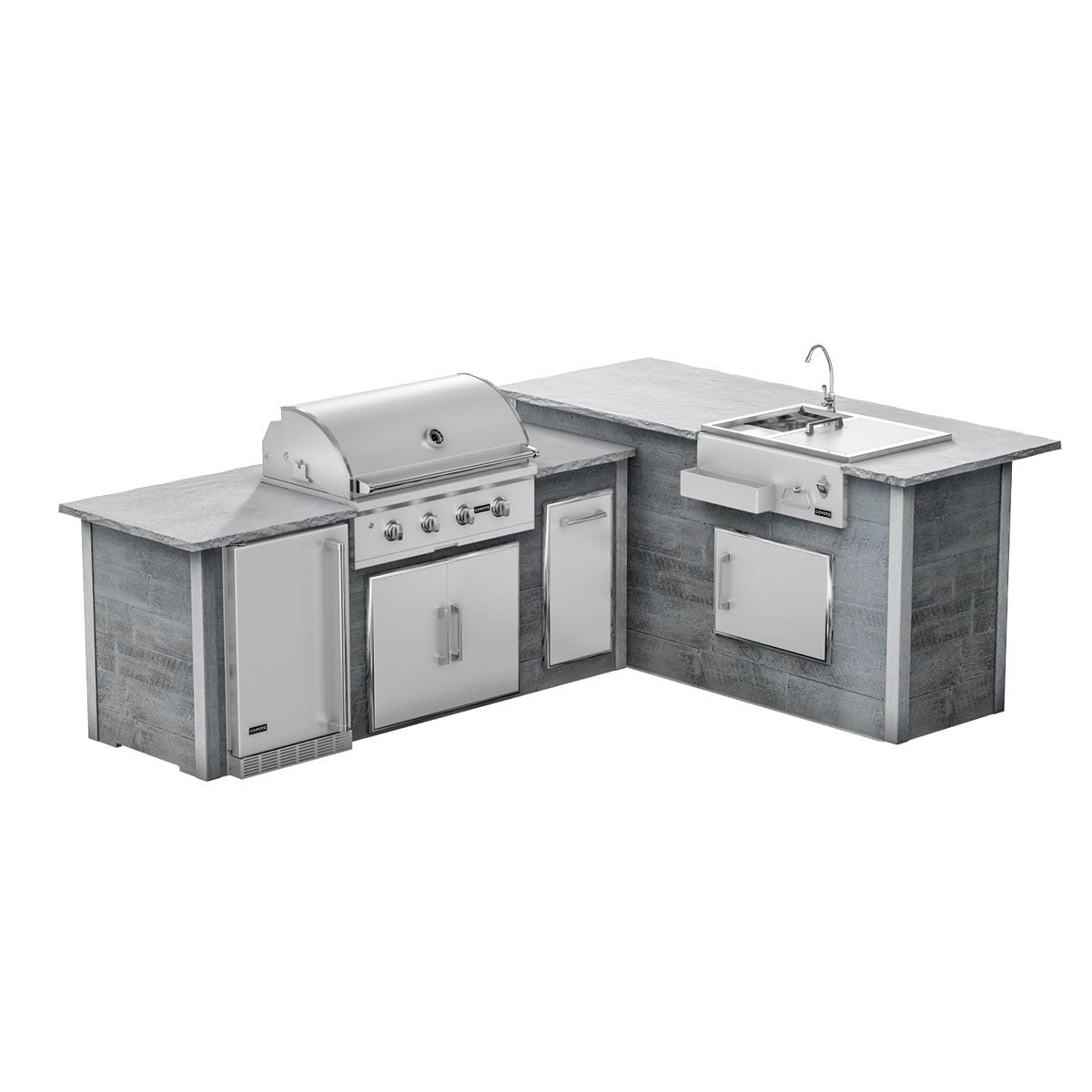 RTA Outdoor Living G7 L-Shaped Outdoor Kitchen Island with Coyote 36-Inch C-Series Grill, Fridge and Refreshment Bar - Woo...