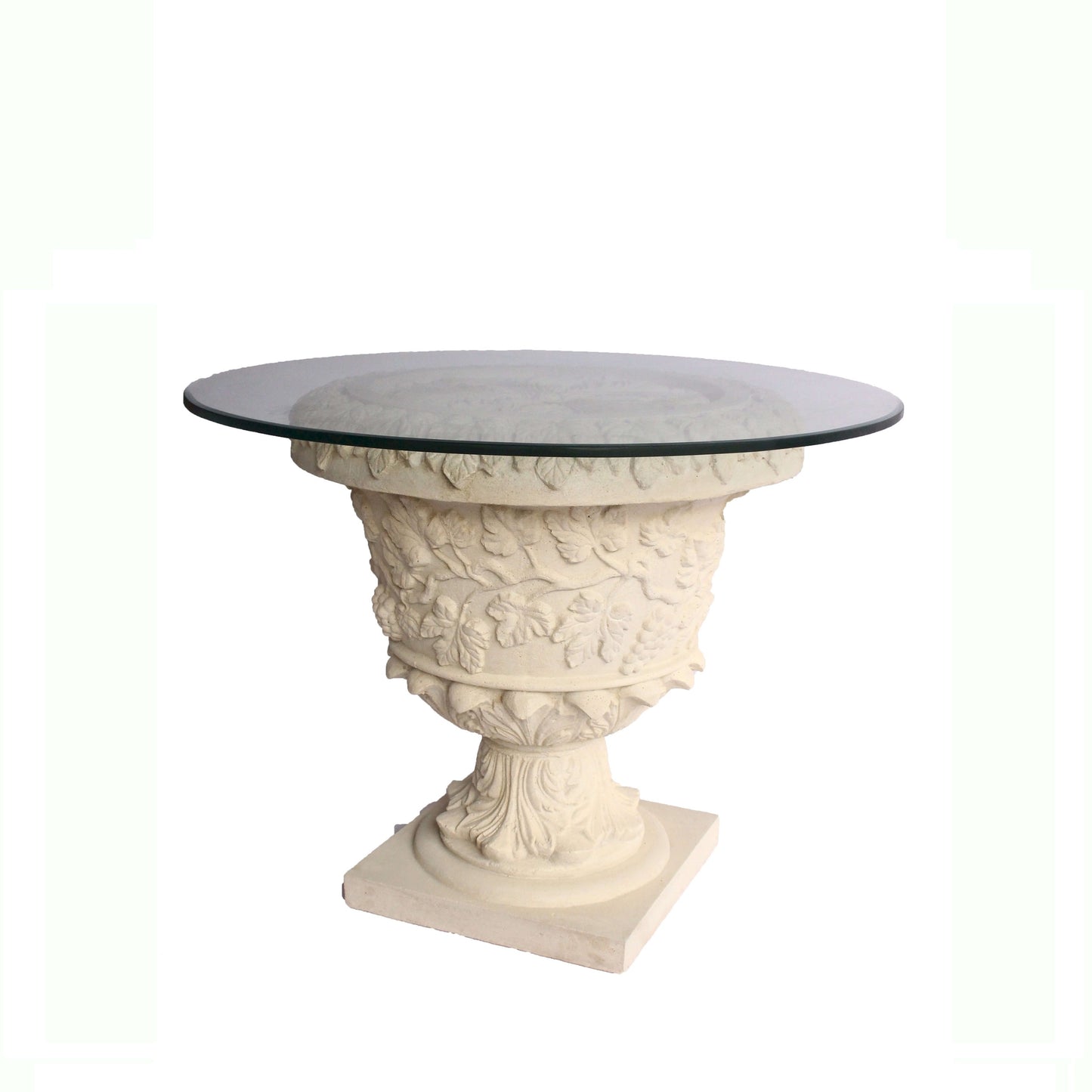 Decorative table with classical design and glass top on a white background