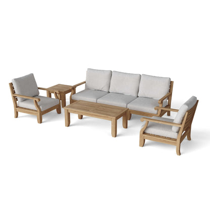 Outdoor furniture set with wooden frames and light gray cushions on a white background