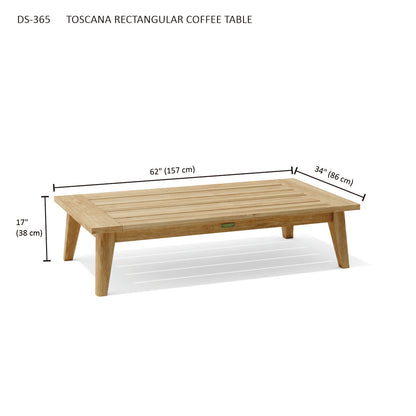 Toscana Rectangular Coffee Table with dimensions on a white background
