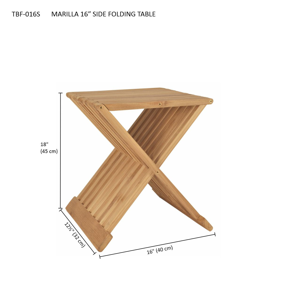 Wooden side folding table with dimensions on a white background