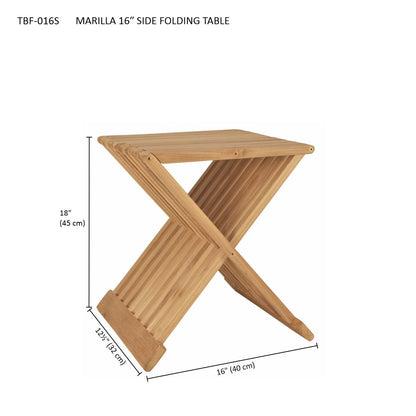 Wooden side folding table with dimensions on a white background