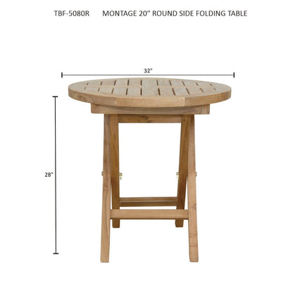 Round side folding table with dimensions on a white background