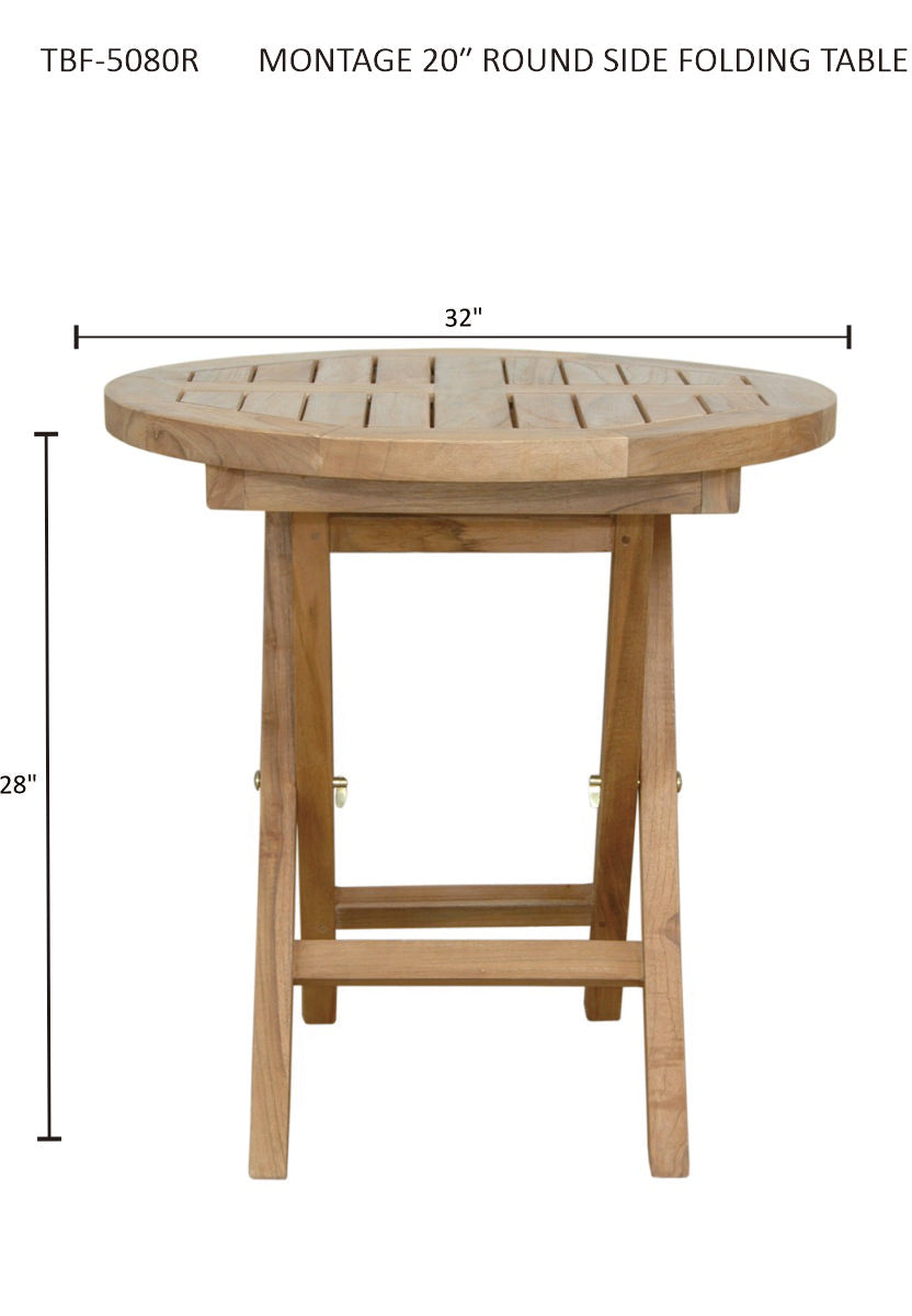 Round side folding table with dimensions on a white background