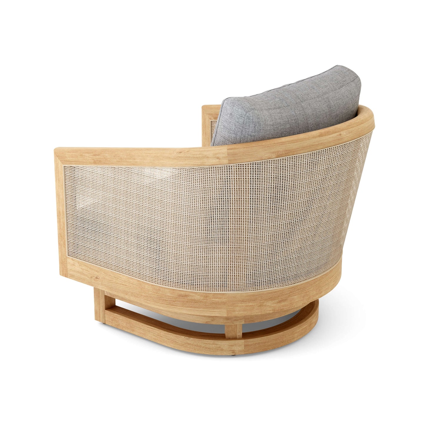 Modern chair with wooden frame and woven backrest on a white background