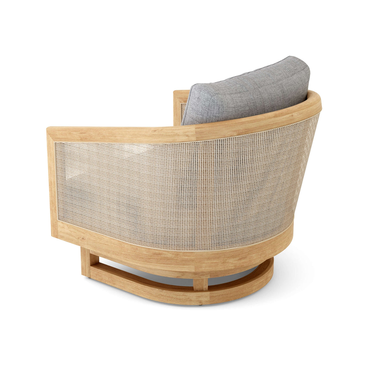 Modern chair with wooden frame and woven backrest on a white background