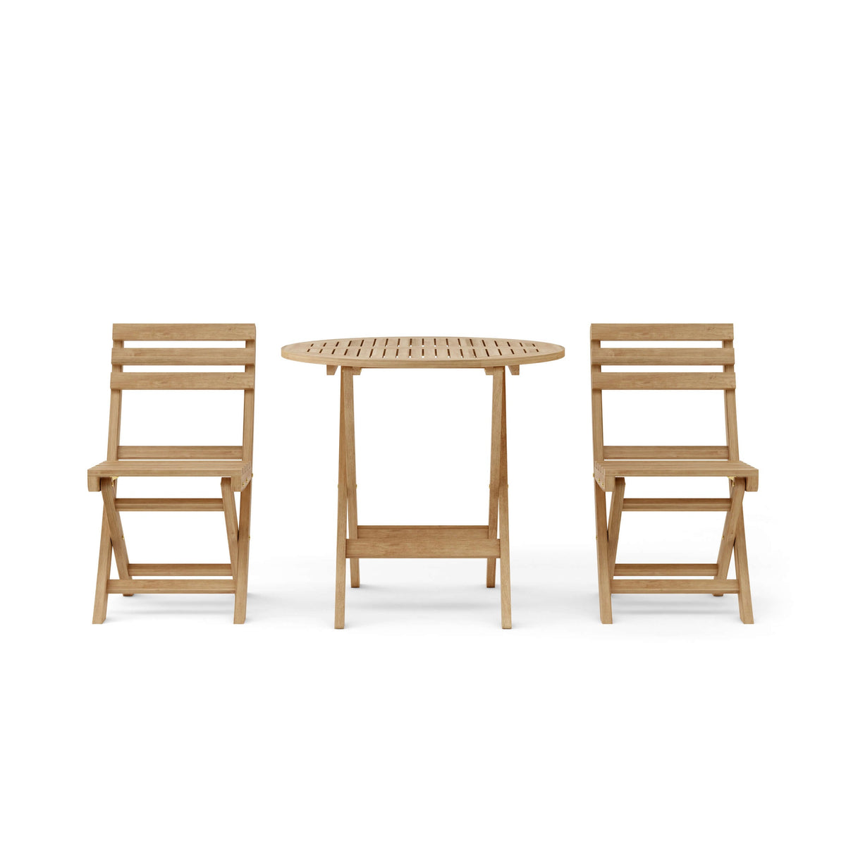 Wooden outdoor table with two matching chairs on a white background