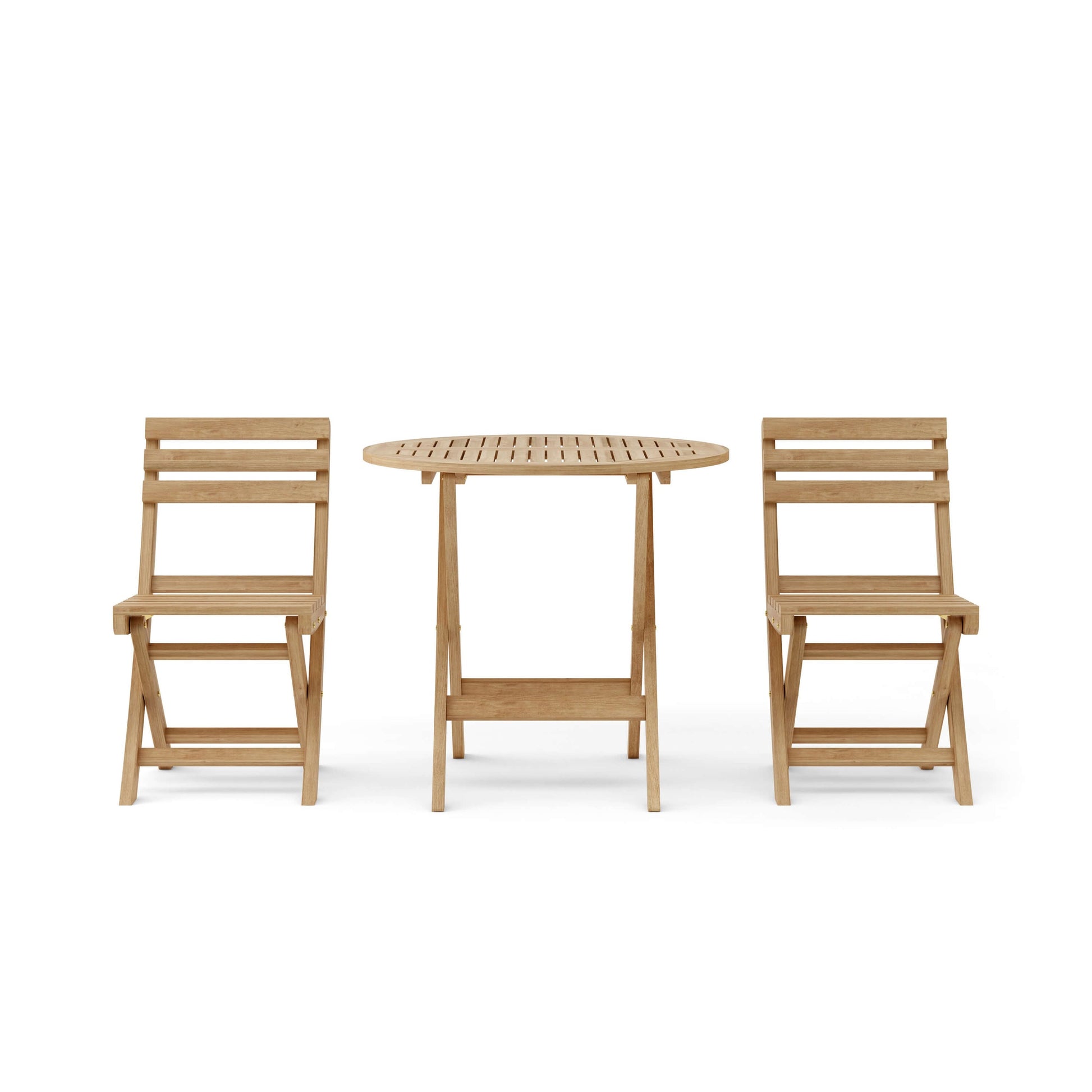 Wooden outdoor table with two matching chairs on a white background