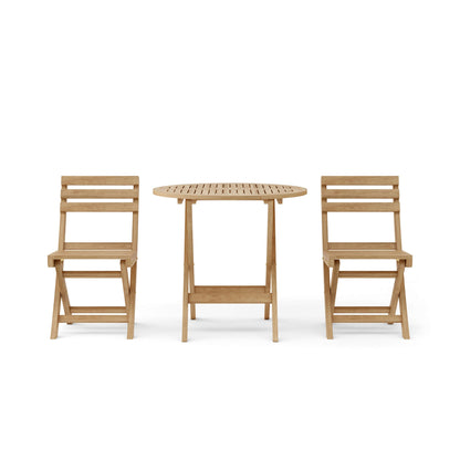 Wooden outdoor table with two matching chairs on a white background