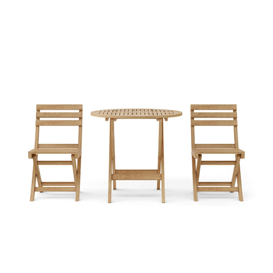 Wooden outdoor table with two matching chairs on a white background