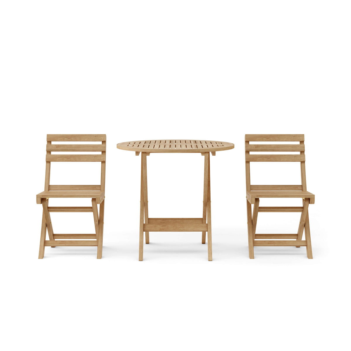 Wooden outdoor table with two matching chairs on a white background